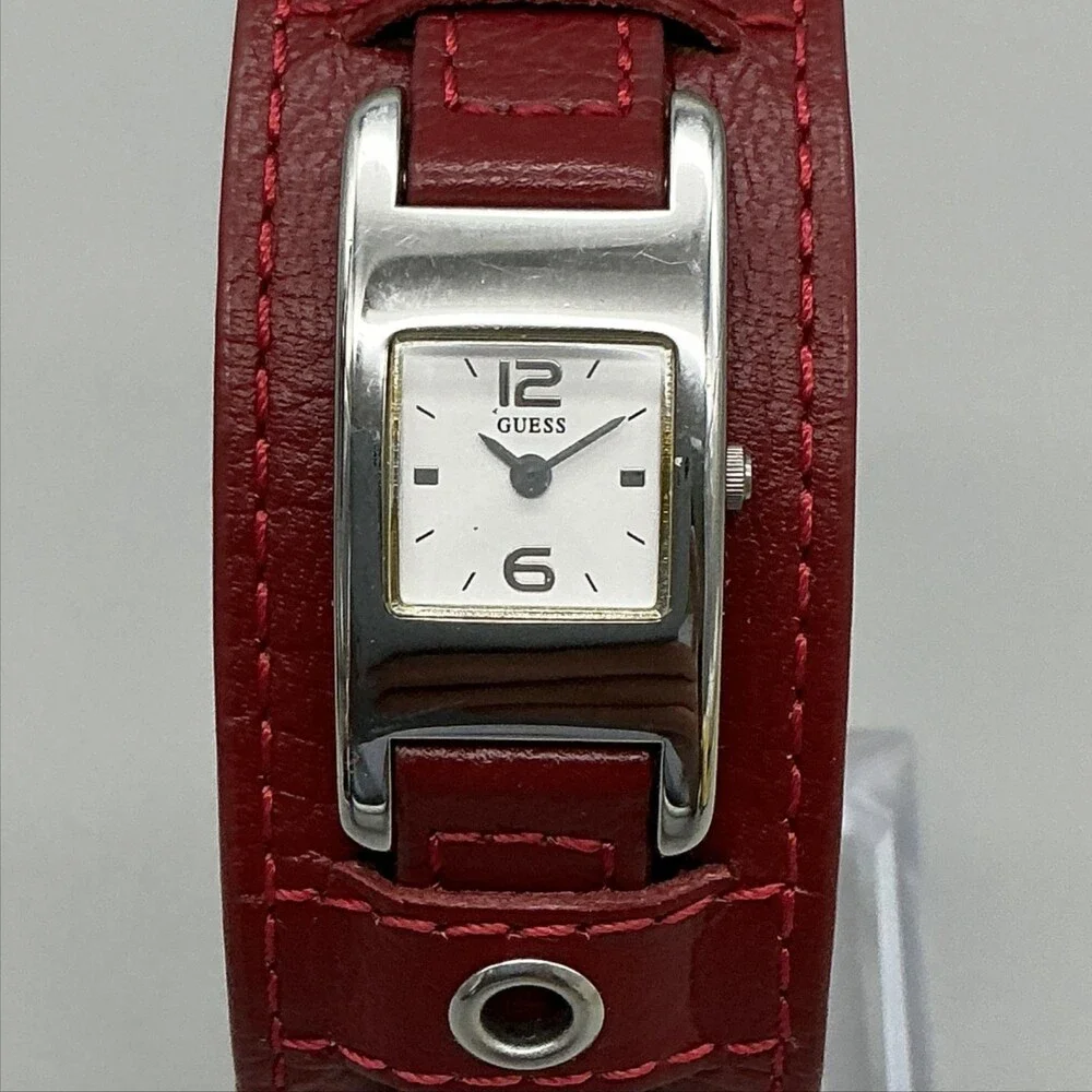 Guess G66225L Womens Watch 18mm White Dial Red Leather Cuff New Battery